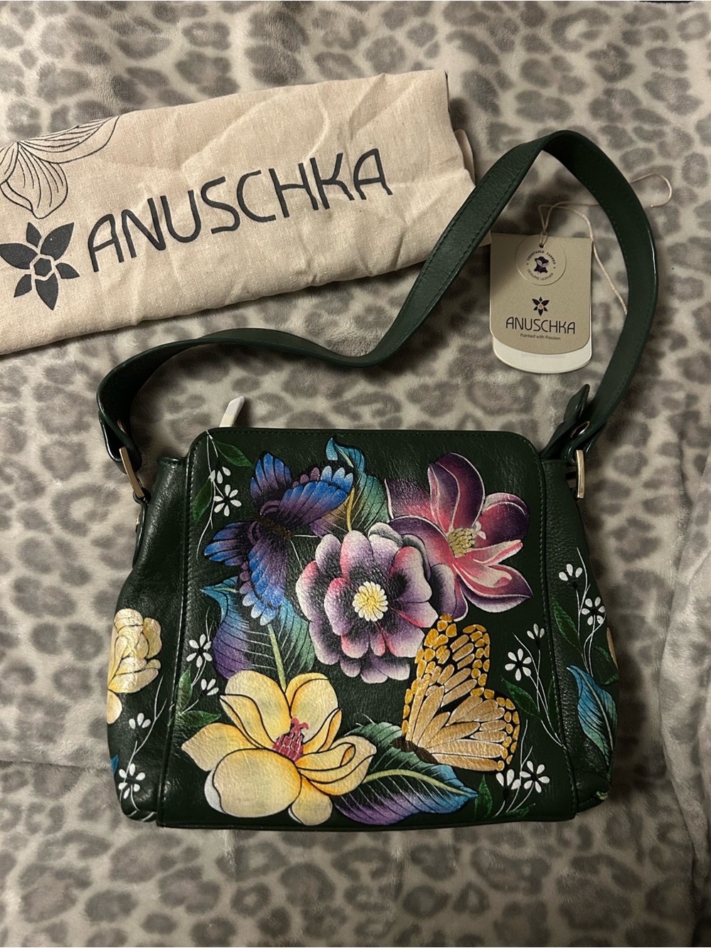 Anuschka Dark Green Hand-Painted Floral Shoulder Bag